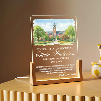 Personalized Graduation LED Plaque – Custom University Illustration Gift with Name & Degree