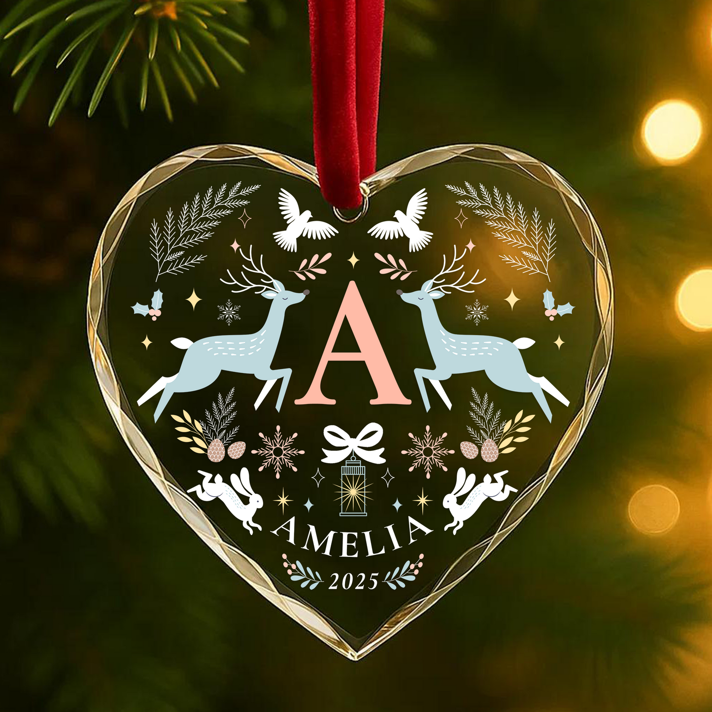 Custom Name Initial Ornament, Reindeer Floral Heart Design