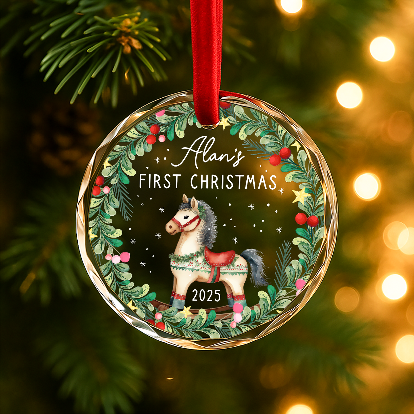 My First Christmas Rocking Horse Custom Glass Ornament