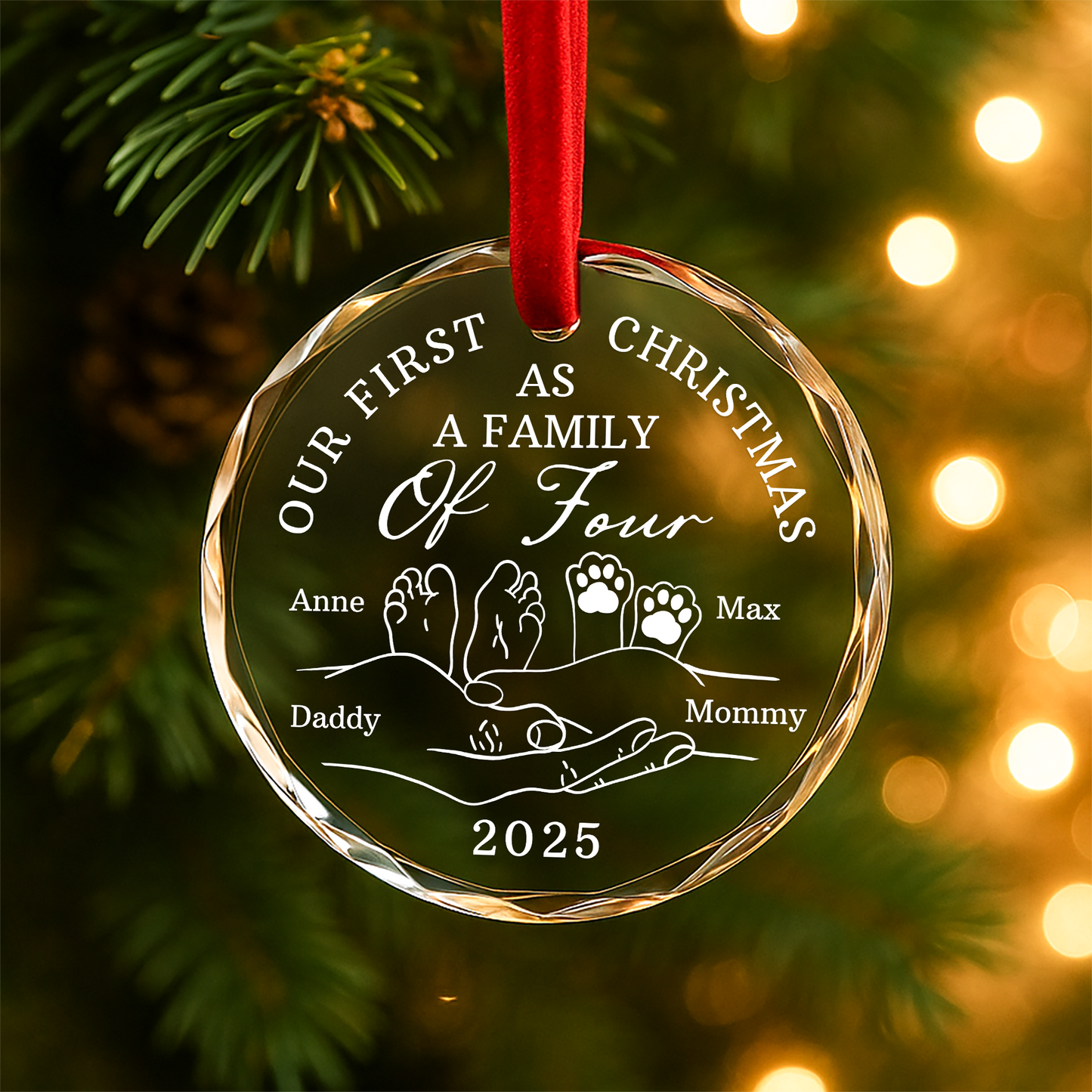 Our First Christmas as a Family of Four Custom Glass Ornament