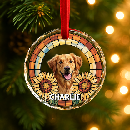 Stained Glass Flower Ornament with Custom Pet Portrait, Personalized Pet Memorial or Christmas Gift