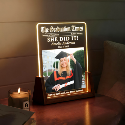Personalized Graduation Newspaper LED Plaque – Custom Photo, Name & School Gift for Class of 2026