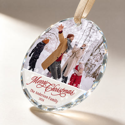 Personalized Merry Christmas Glass Ornament – Custom Snow Day Family Photo, Last Name and Year, Winter Memories Keepsake Gift