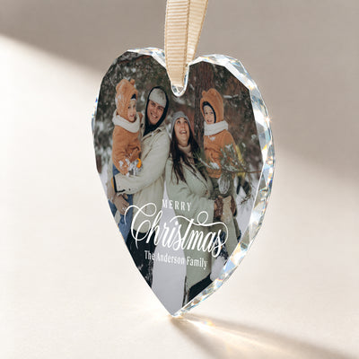 Personalized Merry Christmas Heart Glass Ornament – Custom Winter Family Photo and Last Name, Christmas Memories Keepsake Gift