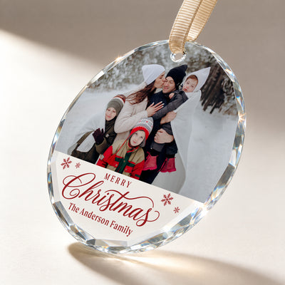 Personalized Merry Christmas Glass Ornament – Custom Family Photo and Last Name, Family of Five Holiday Keepsake Gift