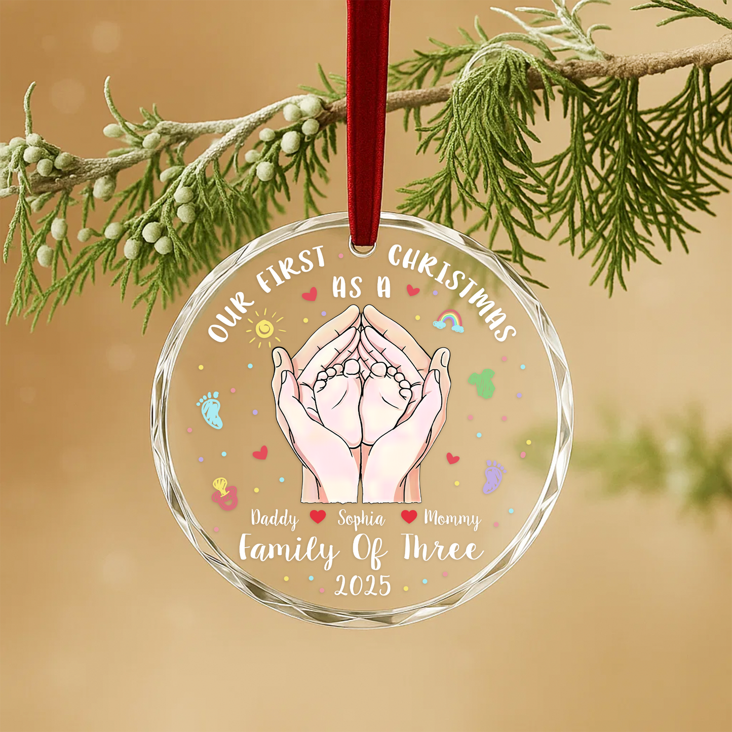 Our First Christmas as a Family of Three Hands & Baby Feet Ornament