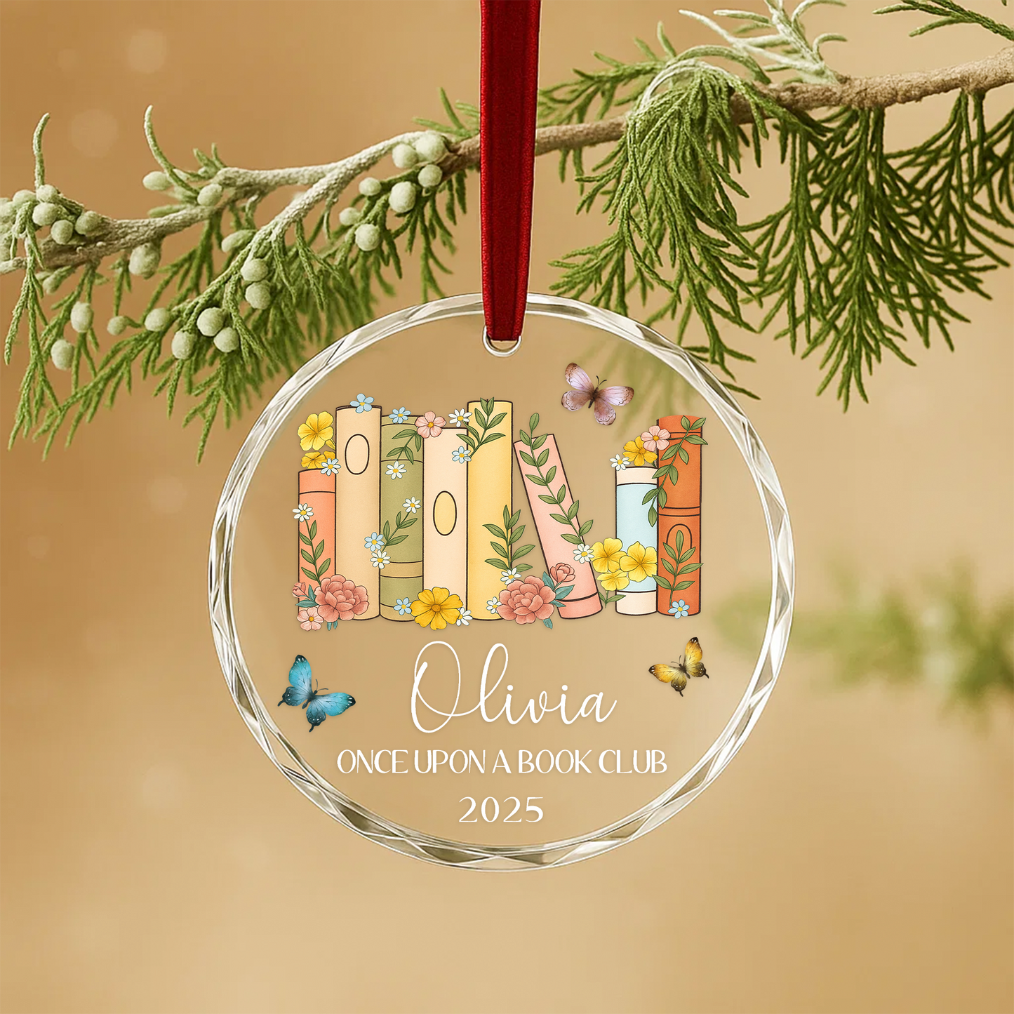 Once Upon a Book Club Ornament, Floral Book Stack Personalized Design
