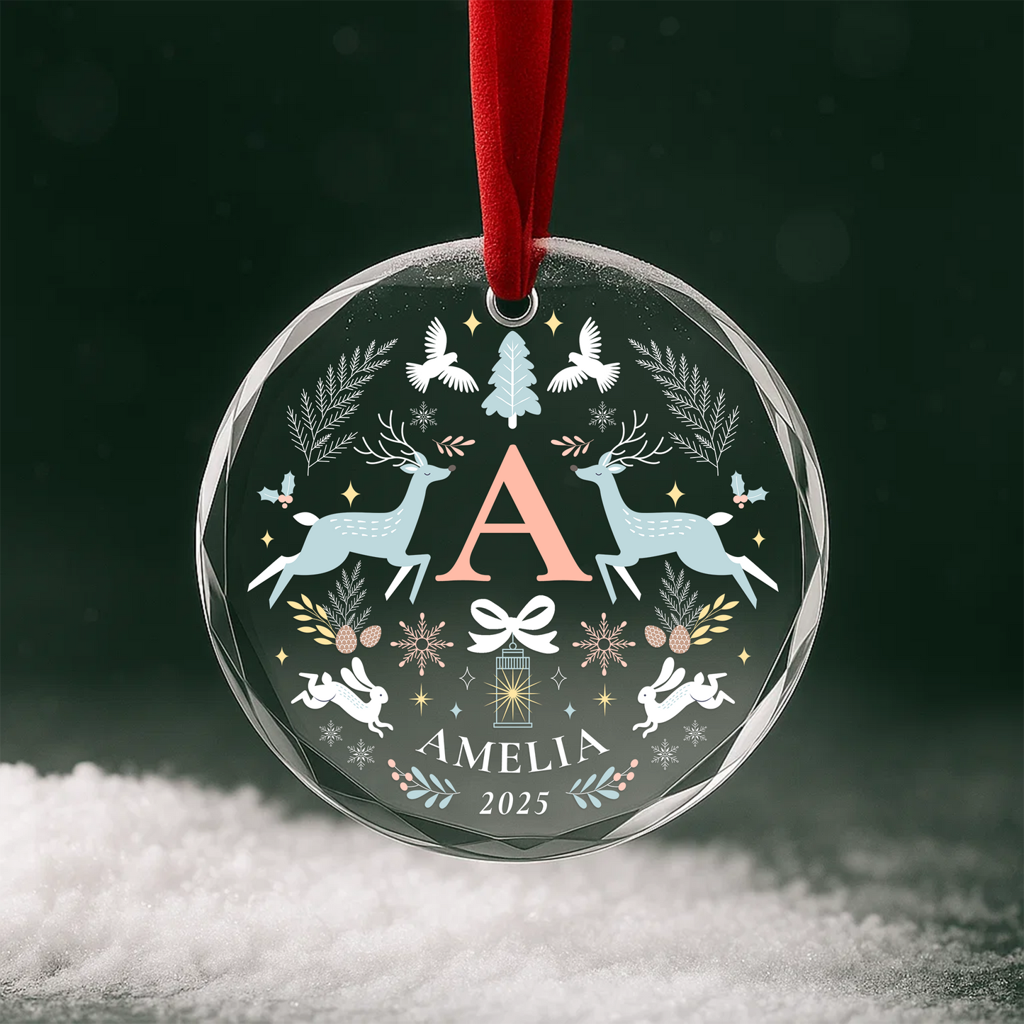 Custom Name Initial Ornament, Reindeer Floral Heart Design