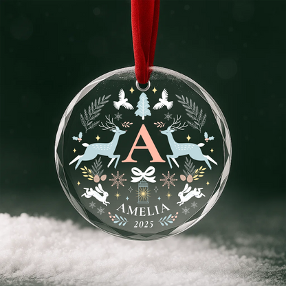 Custom Name Initial Ornament, Reindeer Floral Heart Design