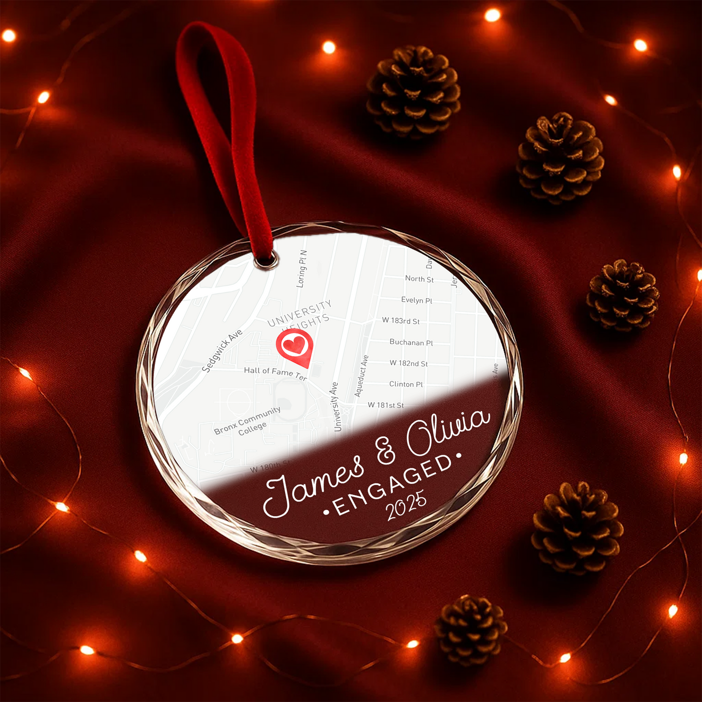 Engaged 2025 Custom Map Heart Ornament, Where Our Story Began