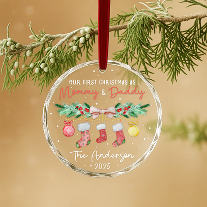 Our First Christmas as Mommy Daddy Stocking Garland Custom Glass Ornament