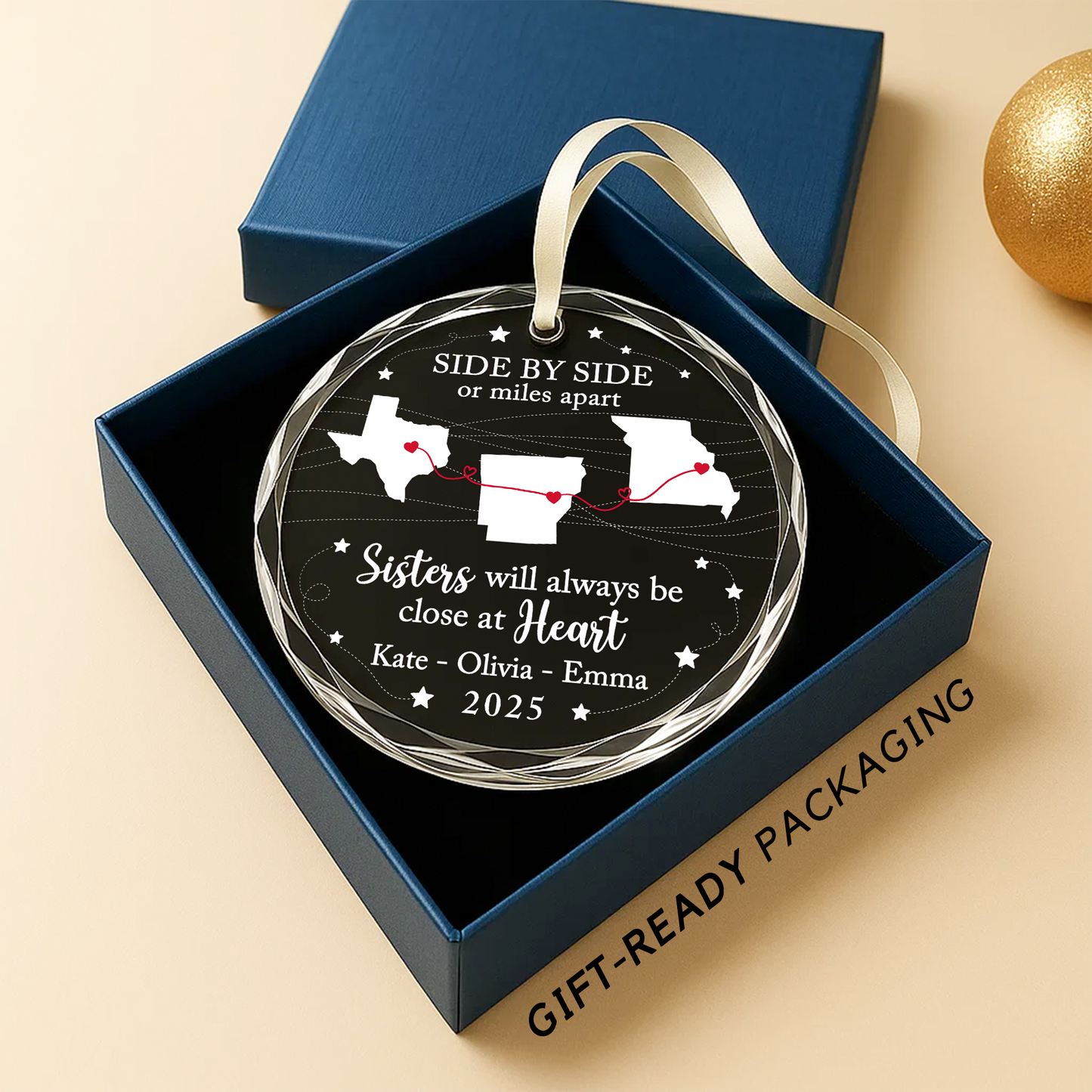 Sisters Will Always Be Close at Heart Long Distance Map Ornament