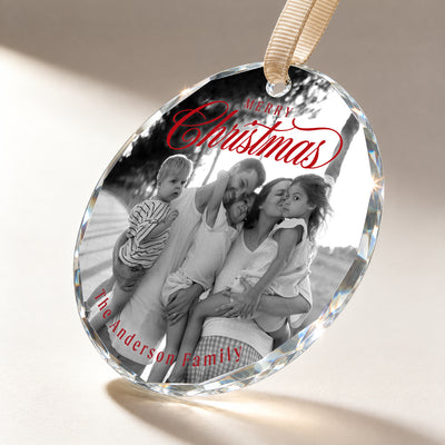 Personalized Merry Christmas Family Glass Ornament – Custom Black and White Family Photo and Last Name, Family of Five Keepsake Gift