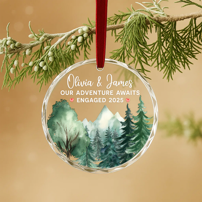 Our Adventure Awaits, Engaged 2025, Mountain Forest Watercolor Ornament