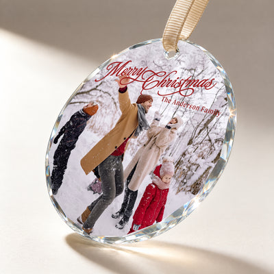 Personalized Merry Christmas Glass Ornament – Custom Snow Day Family Photo and Last Name, Winter Memories Keepsake Gift
