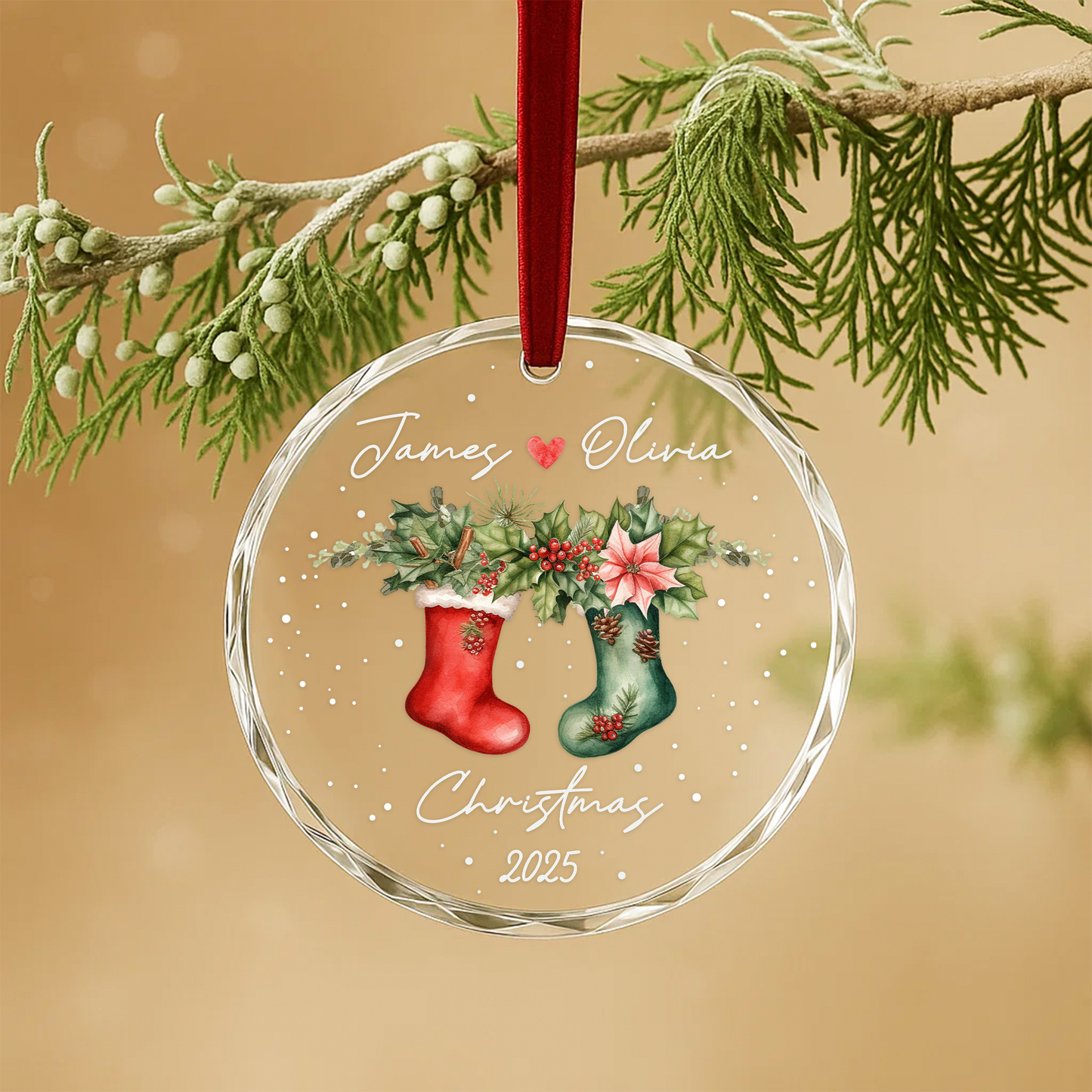 Couple Christmas Ornament with Matching Stockings, Custom Names & Year