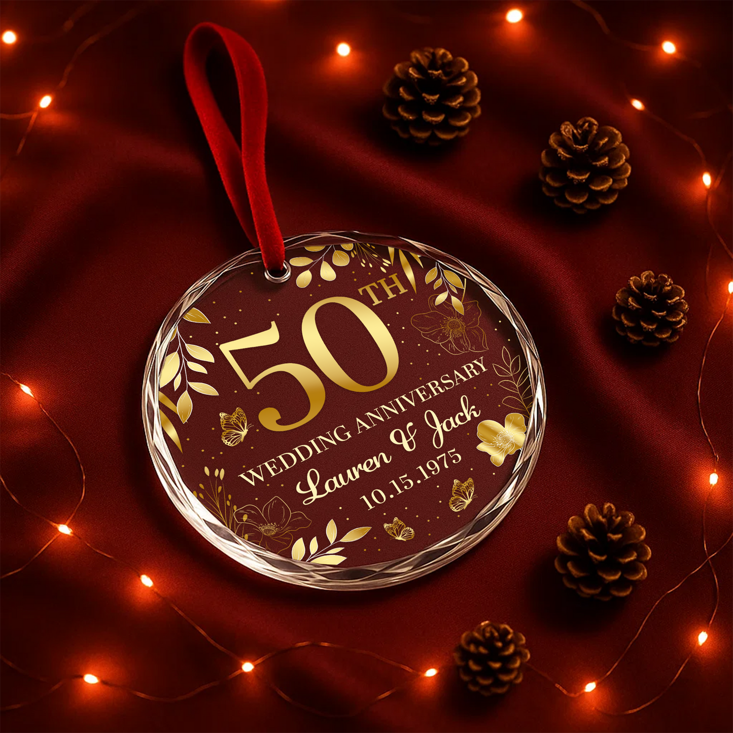 50th Wedding Anniversary Gold Floral Custom Glass Ornament