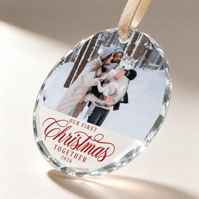 Personalized First Christmas Together Glass Ornament – Custom Couple and Dog Photo, Year 2026, Pet Parents Christmas Keepsake Gift