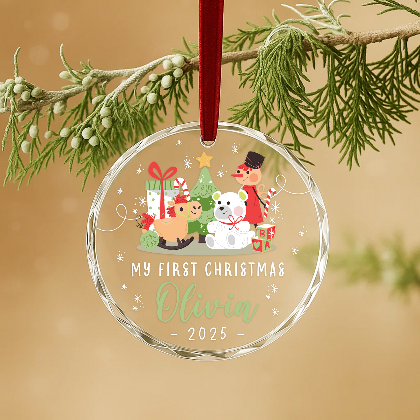 My First Christmas Toys and Tree Custom Glass Ornament