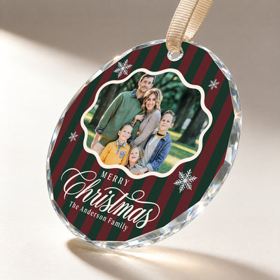 Personalized Merry Christmas Glass Ornament – Custom Family Photo and Last Name, Vintage Red and Green Striped Holiday Keepsake Gift