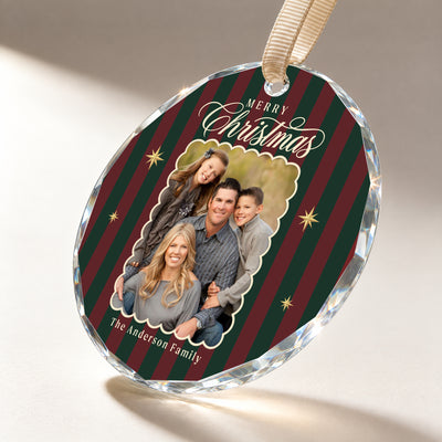 Personalized Merry Christmas Glass Ornament – Custom Family Photo and Last Name, Vintage Red and Green Striped Christmas Keepsake Gift