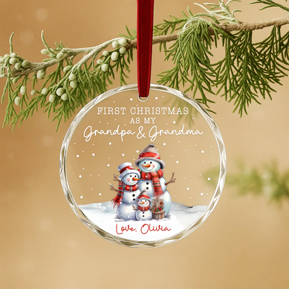 First Christmas as My Grandpa Grandma Snowman Family Custom Glass Ornament