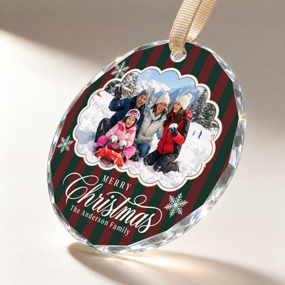 Personalized Merry Christmas Glass Ornament – Custom Snow Day Family Photo and Last Name, Vintage Striped Winter Memories Keepsake Gift
