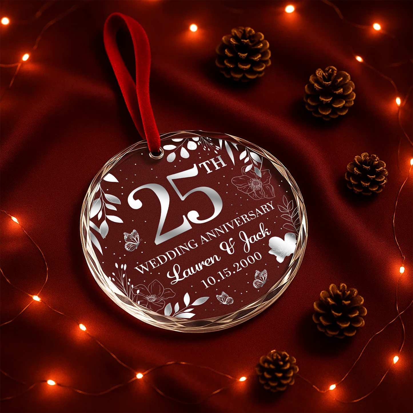 25th Wedding Anniversary Silver Floral Custom Glass Ornament
