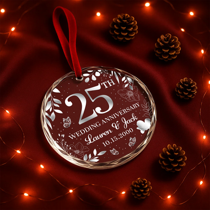 25th Wedding Anniversary Silver Floral Custom Glass Ornament