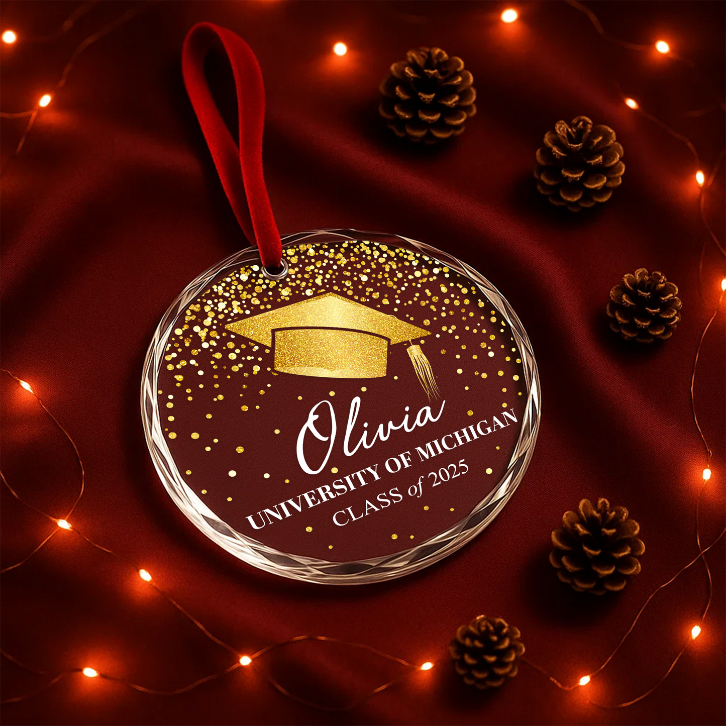 Graduation Cap Gold Confetti Custom Glass Ornament