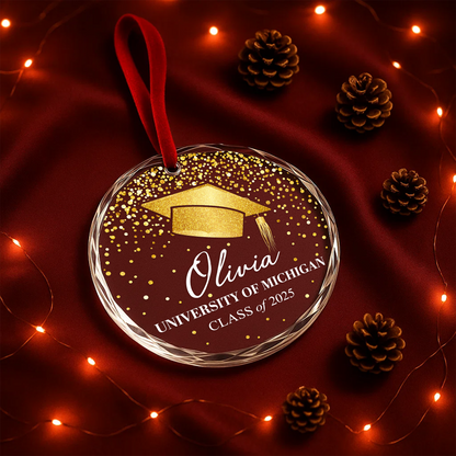 Graduation Cap Gold Confetti Custom Glass Ornament