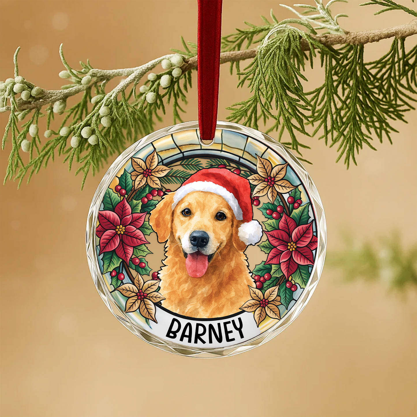 Custom Pet Portrait Christmas Wreath Glass Ornament