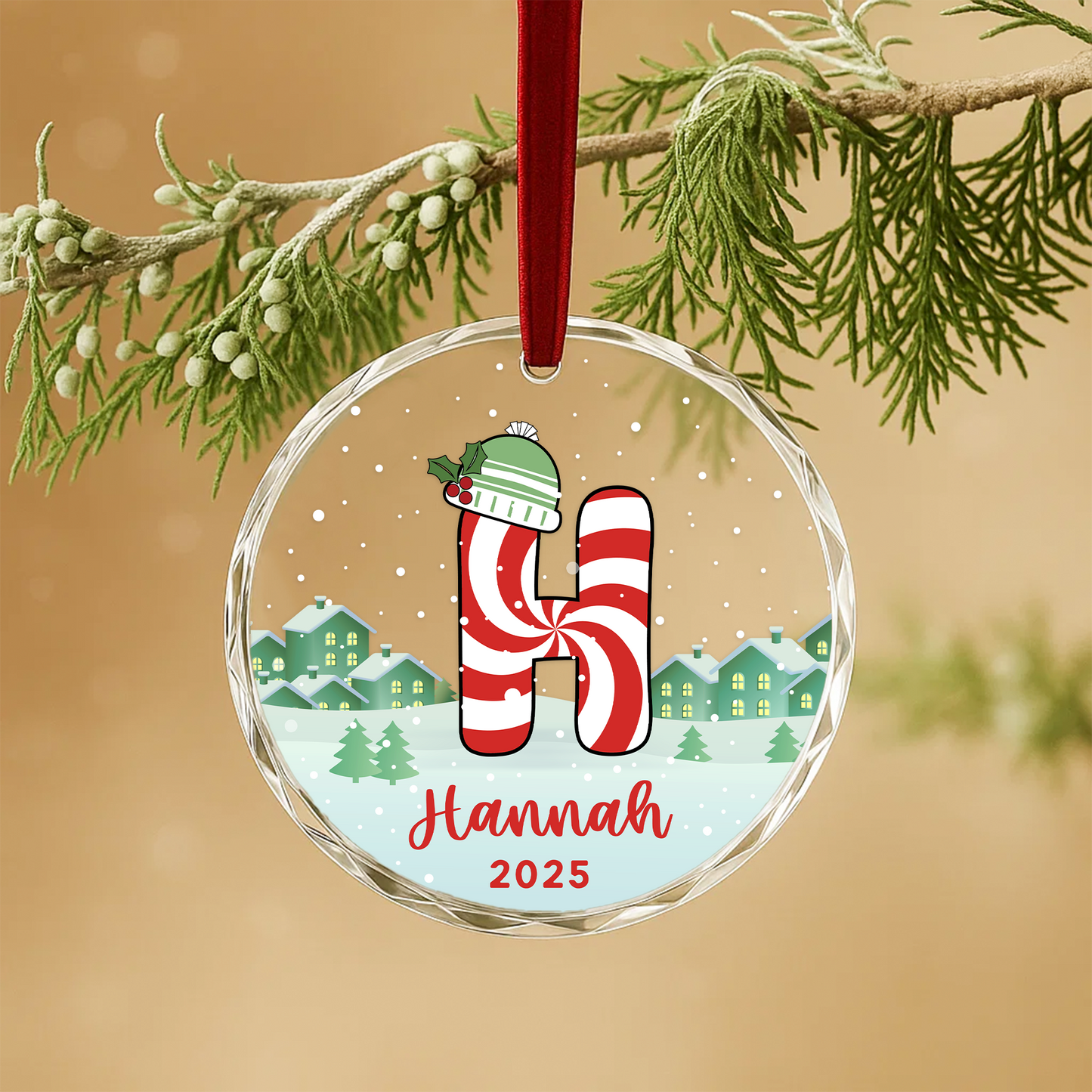 Monogram Letter Name Candy Cane Custom Glass Ornament