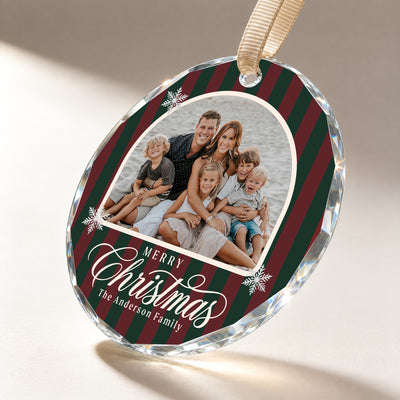 Personalized Christmas Glass Ornament – Custom Family Photo and Last Name, Vintage Scalloped Frame with Snowflakes, Holiday Family Keepsake Gift