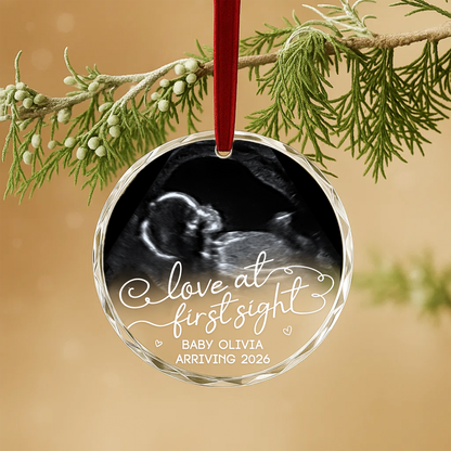 Love at First Sight Ultrasound Baby Announcement Custom Glass Ornament
