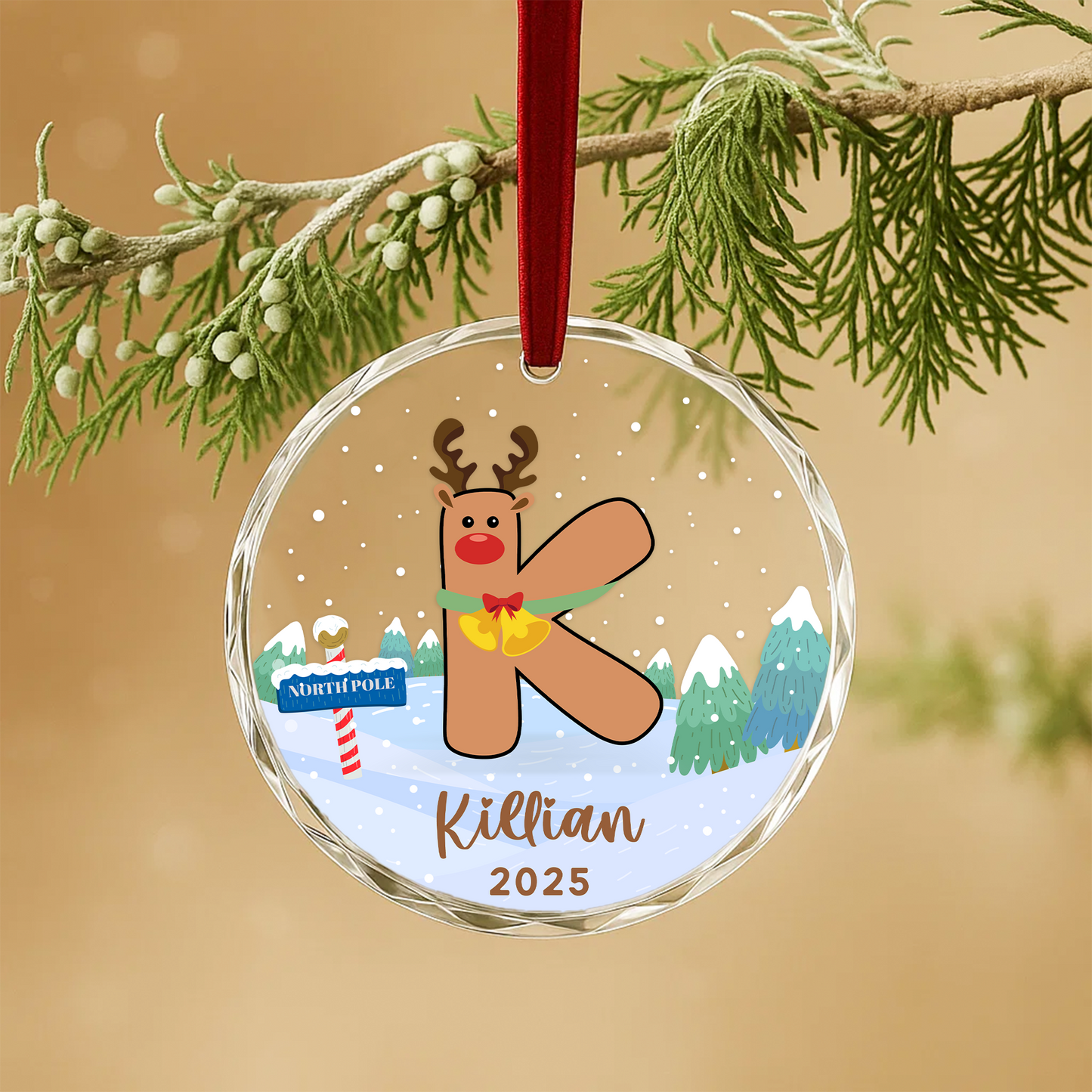 Monogram Letter Name Reindeer Custom Glass Ornament