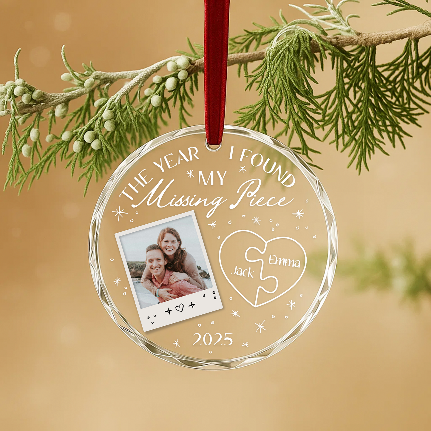 The Year I Found My Missing Piece Couple Photo Custom Glass Ornament