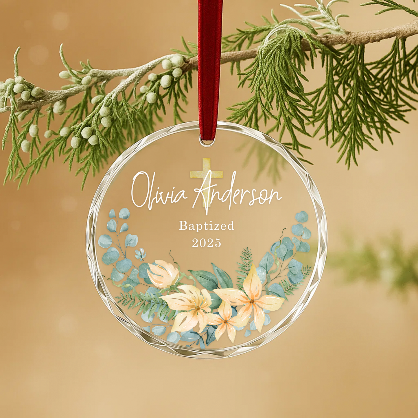 Baptized Ornament with Floral Cross