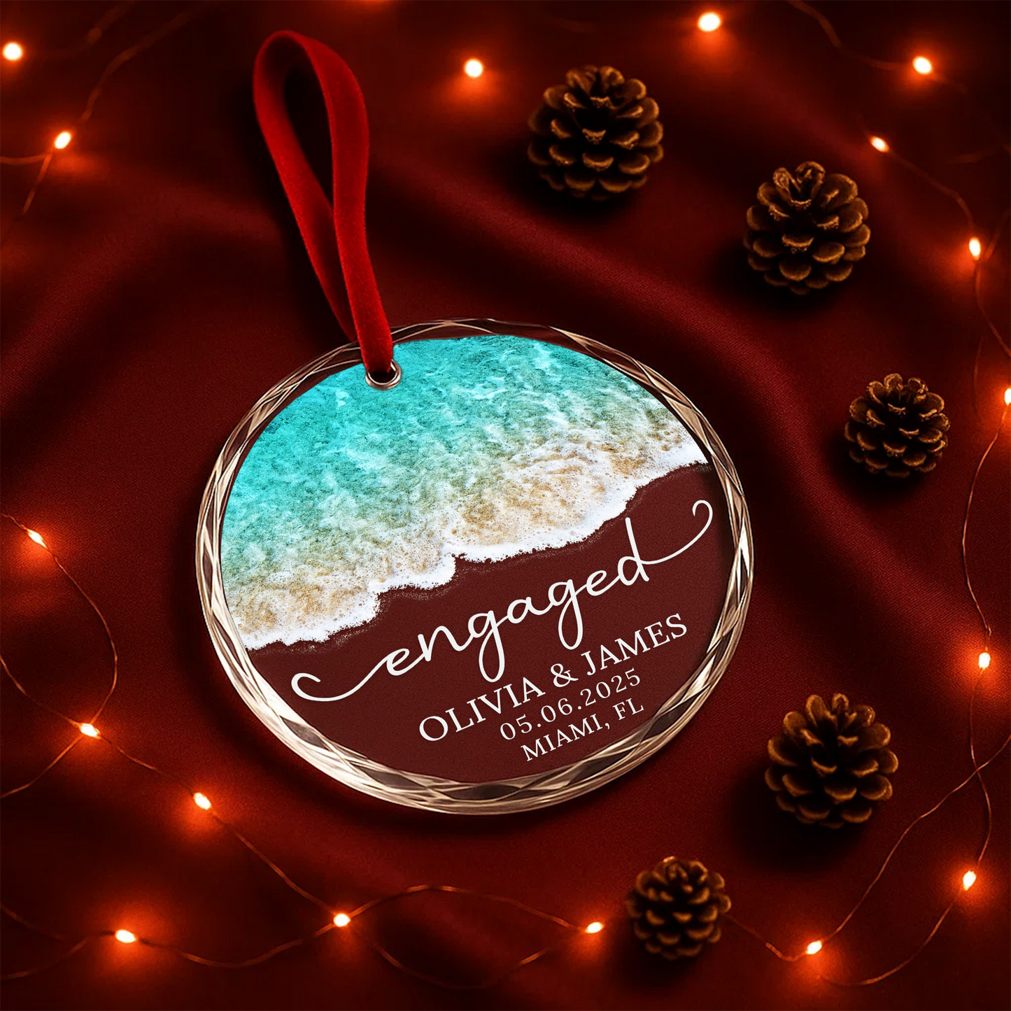 Engaged on the Beach Ornament, Ocean Shoreline Design, Custom Names & Date