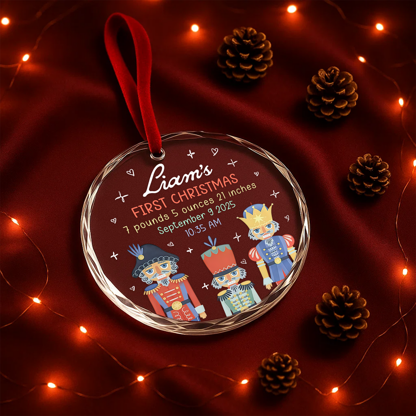 My First Christmas Nutcracker Birth Stats Custom Glass Ornament