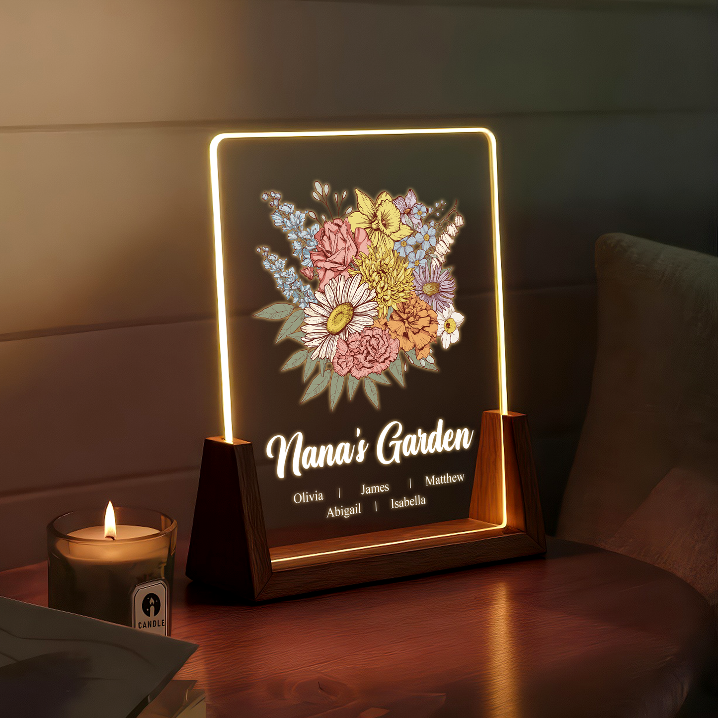 Personalized Birth Flower LED Plaque for Nana – Custom “Nana’s Garden” Gift with Kids Names