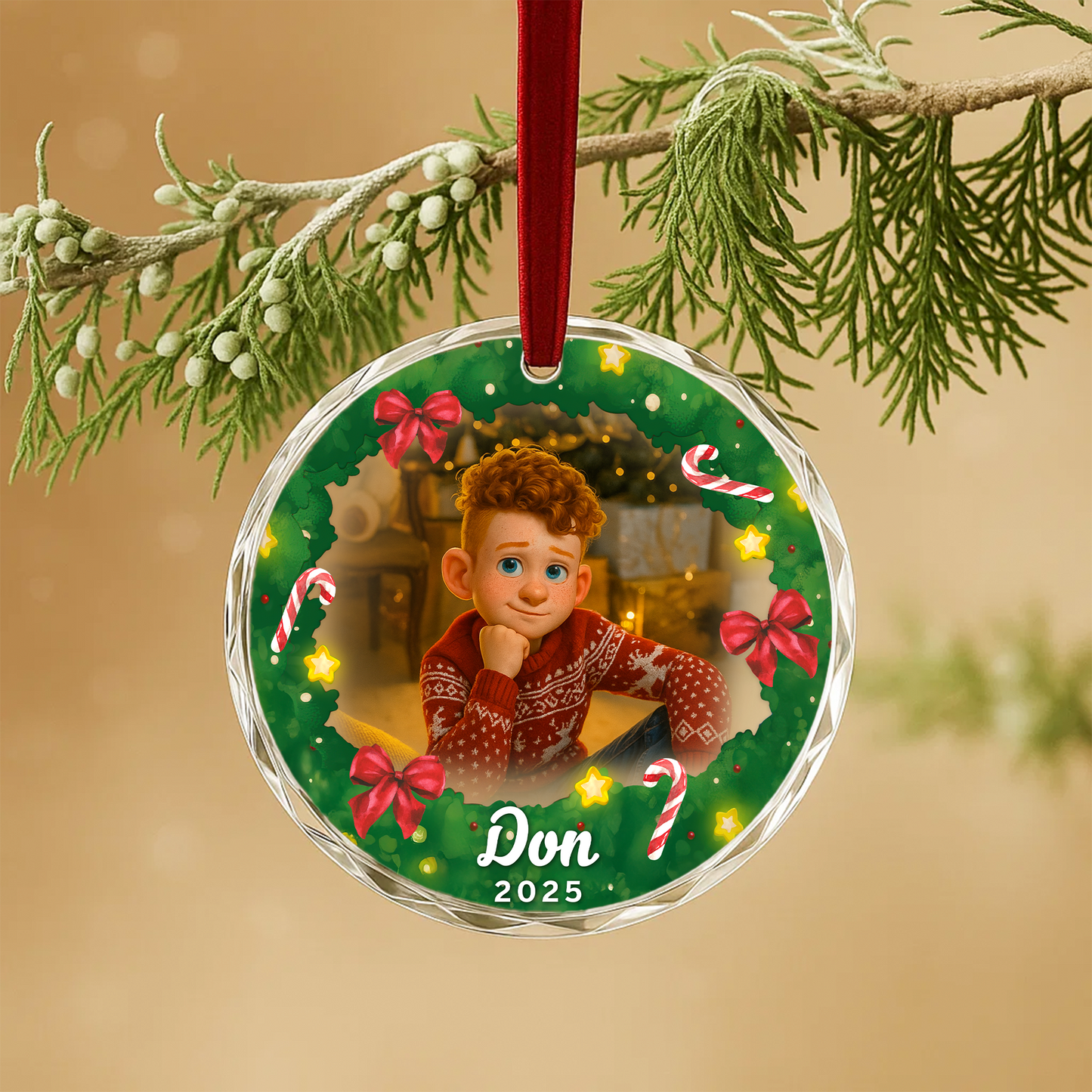 Cartoon Style Child Portrait Christmas Wreath Custom Glass Ornament