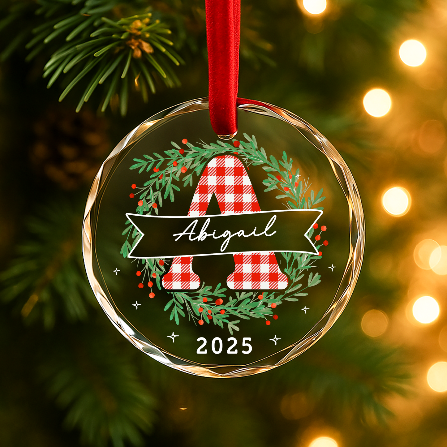 Gingham Letter Wreath with Name Custom Glass Ornament