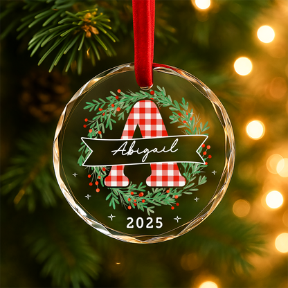 Gingham Letter Wreath with Name Custom Glass Ornament