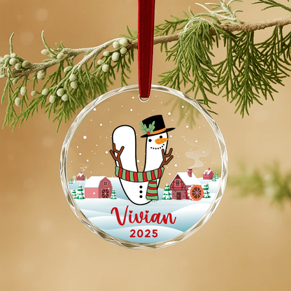 Monogram Letter Name Snowman Custom Glass Ornament