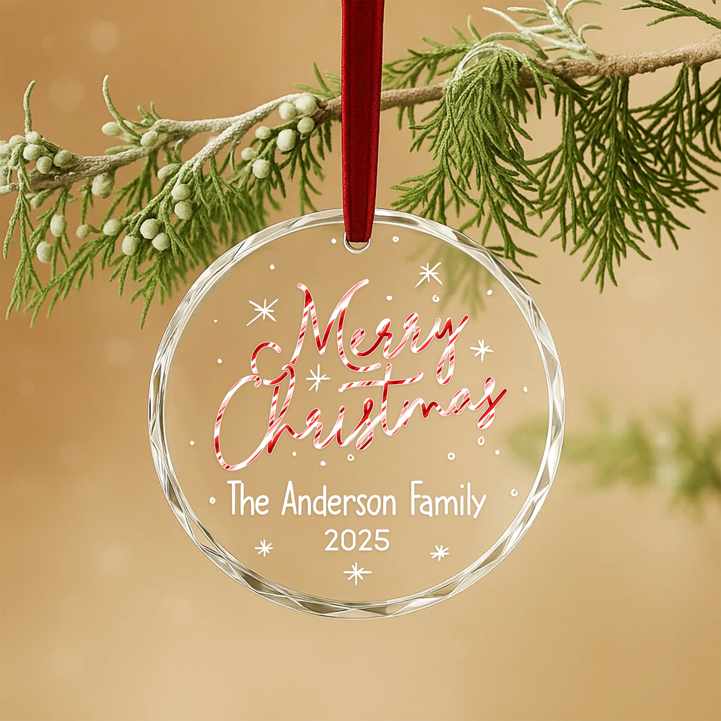 Merry Christmas Candy Cane Text Custom Glass Ornament