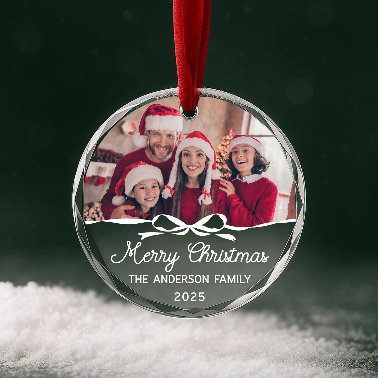 Merry Christmas Family Ornament, Custom Photo with Script Text