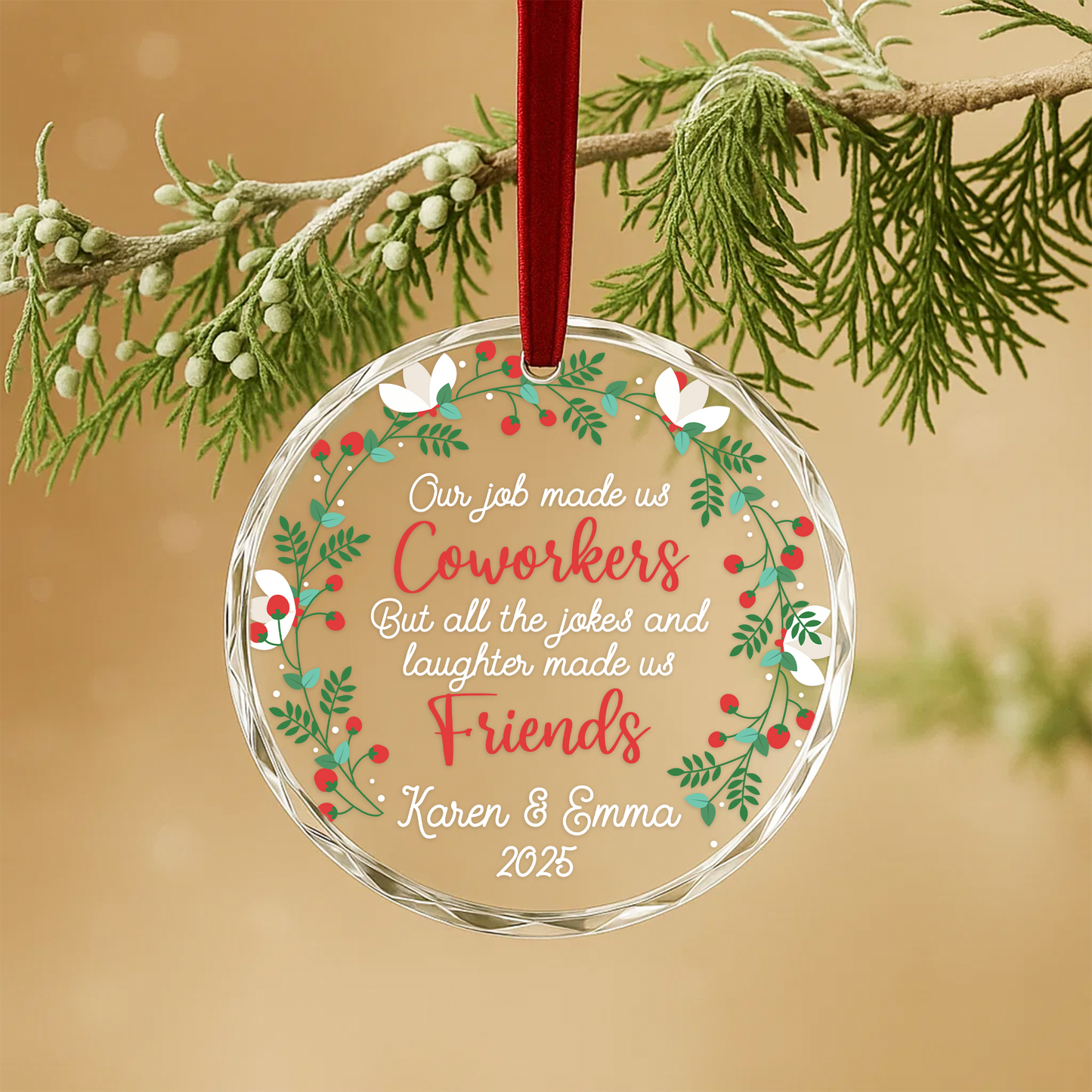 Coworkers to Friends Wreath Quote Custom Glass Ornament