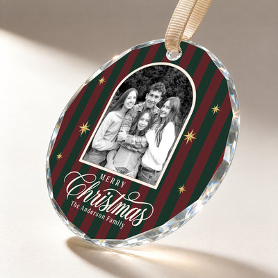 Personalized Merry Christmas Glass Ornament – Custom Black and White Family Photo and Last Name, Vintage Striped Christmas Keepsake Gift