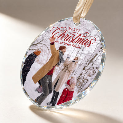 Personalized Merry Christmas Family Glass Ornament – Custom Family Photo and Name, Winter Holiday Keepsake Gift